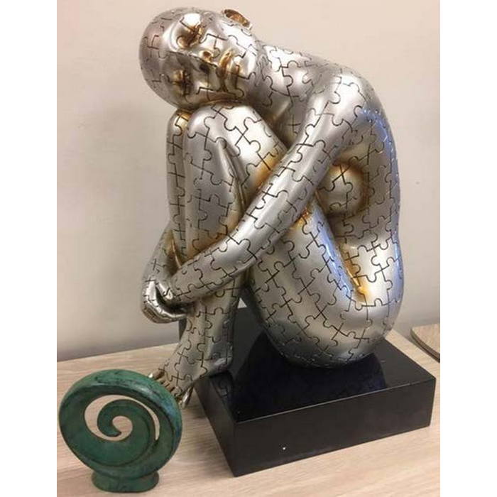 Sitting Jigsaw Lady Sculpture - Antique Silver