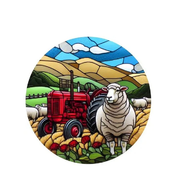 Tractor & Sheep Stained Glass Hanger 115dia