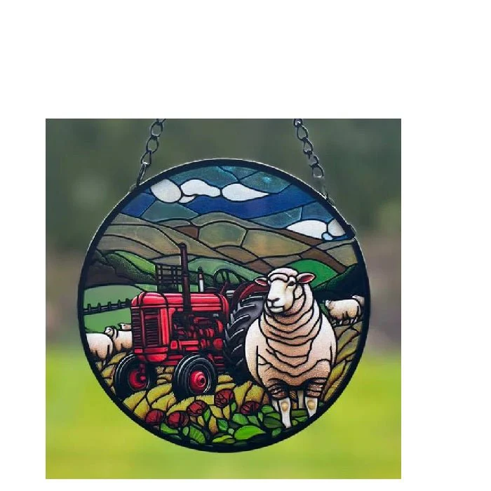 Tractor & Sheep Stained Glass Hanger 115dia - Image 2